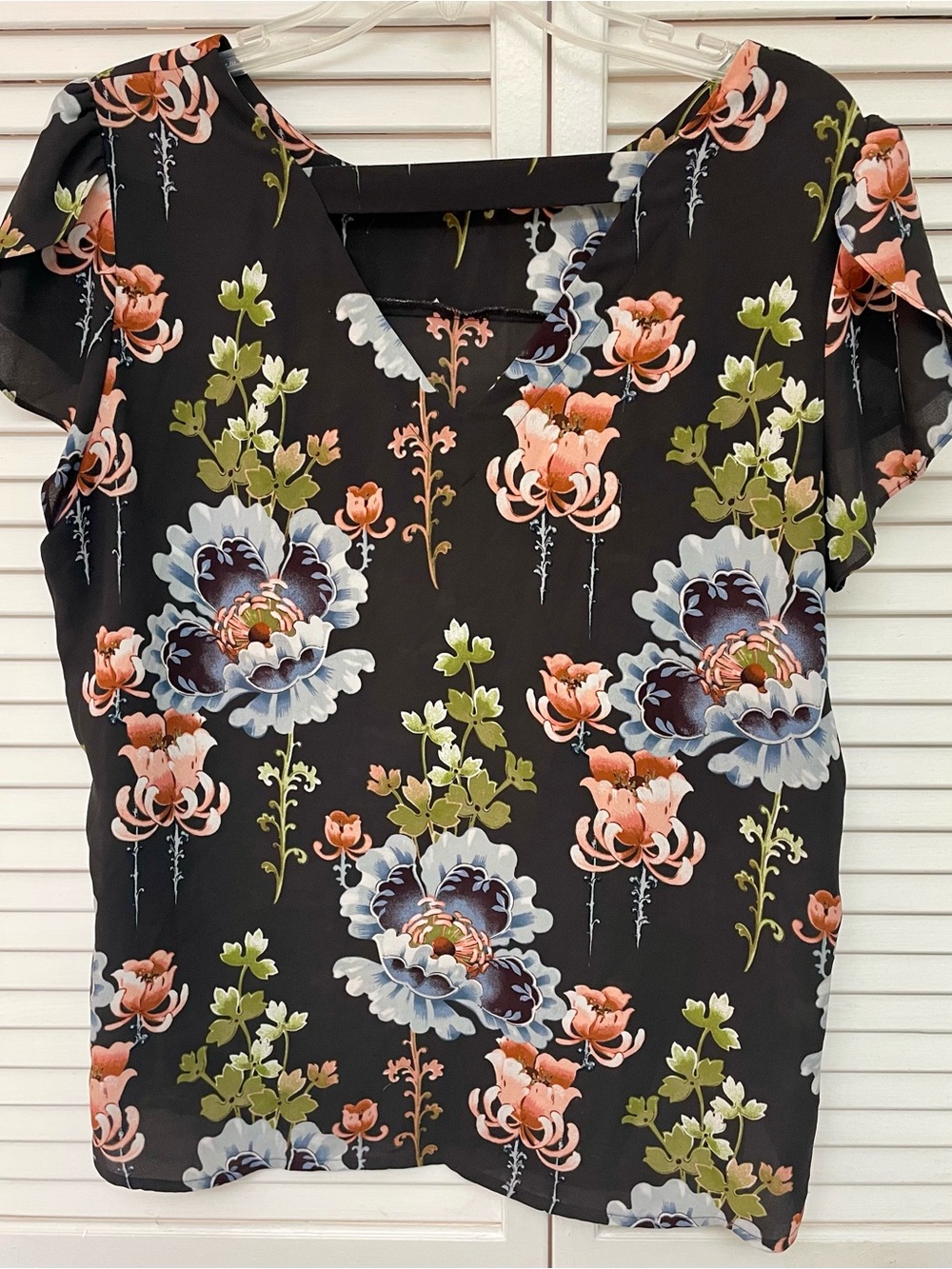 LOFT Black Floral Ruffle Sleeve Blouse - Pink, Blue & Green - Picture 2 of 3